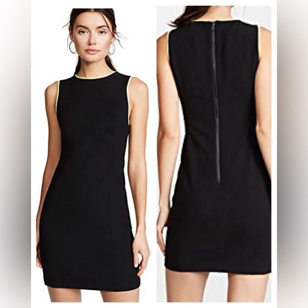 NWT Alice + Olivia Colin Black Crewneck Sleeveless Dress w/Neon Yellow Trim $350